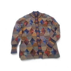 Vtg 80s Millmas Geometric 100% Alpaca Knit Cardigan Sweater Women’s XL Peru